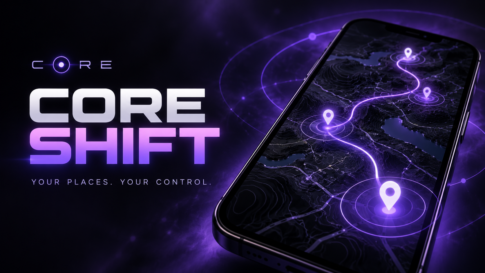 Core Shift promotional artwork: a glowing route between location pins